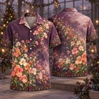 Digital mockup: front and back of one AlohaVero Christmas Nemesia Apricot Plum No Pocket Hawaiian shirt
