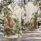 Digital mockup: front and back of one AlohaVero Christmas Nepenthes Pitcher Plant Terrarium No Pocket Hawaiian shirt