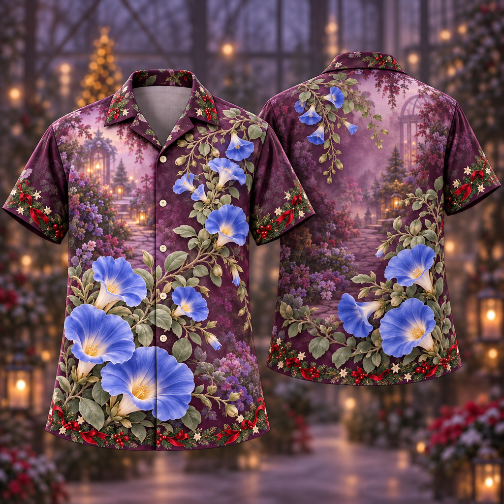 Digital mockup: front and back of one AlohaVero Christmas Nolana Blue Aubergine Garden No Pocket Hawaiian shirt