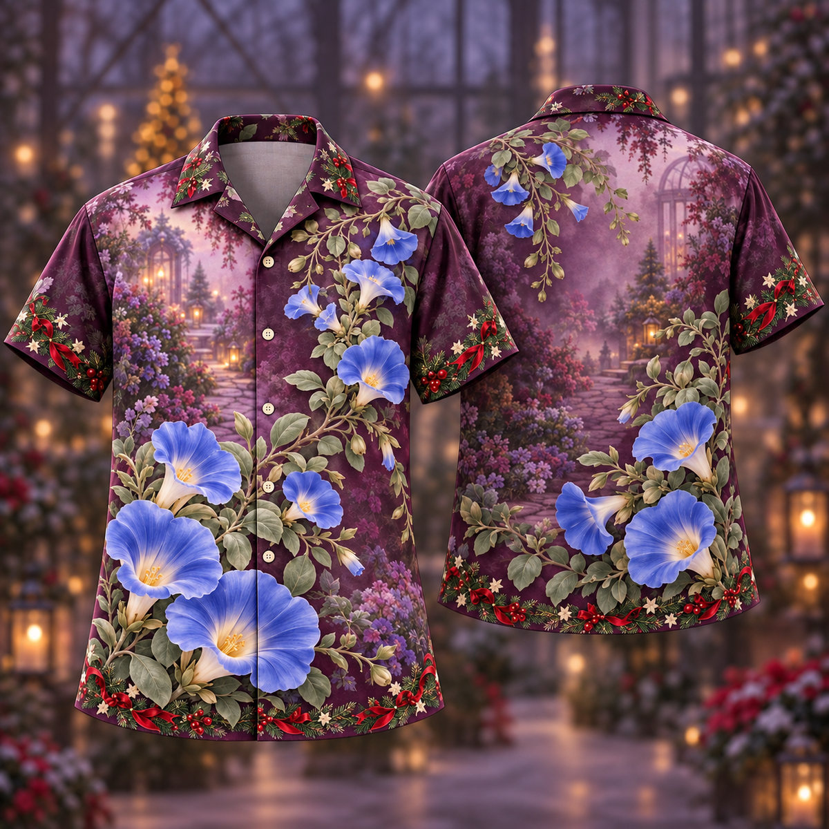 Digital mockup: front and back of one AlohaVero Christmas Nolana Blue Aubergine Garden No Pocket Hawaiian shirt