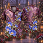 Digital mockup: front and back of one AlohaVero Christmas Nolana Blue Aubergine Garden No Pocket Hawaiian shirt