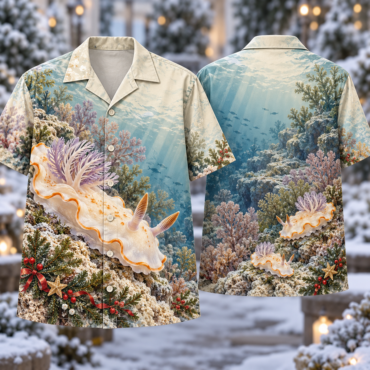 Digital mockup: front and back of one AlohaVero Christmas Nudibranch Ivory Lavender Reef No Pocket Hawaiian shirt