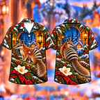 Digital mockup: front and back of one AlohaVero Christmas Numbat Lantern Log Print No Pocket Hawaiian shirt