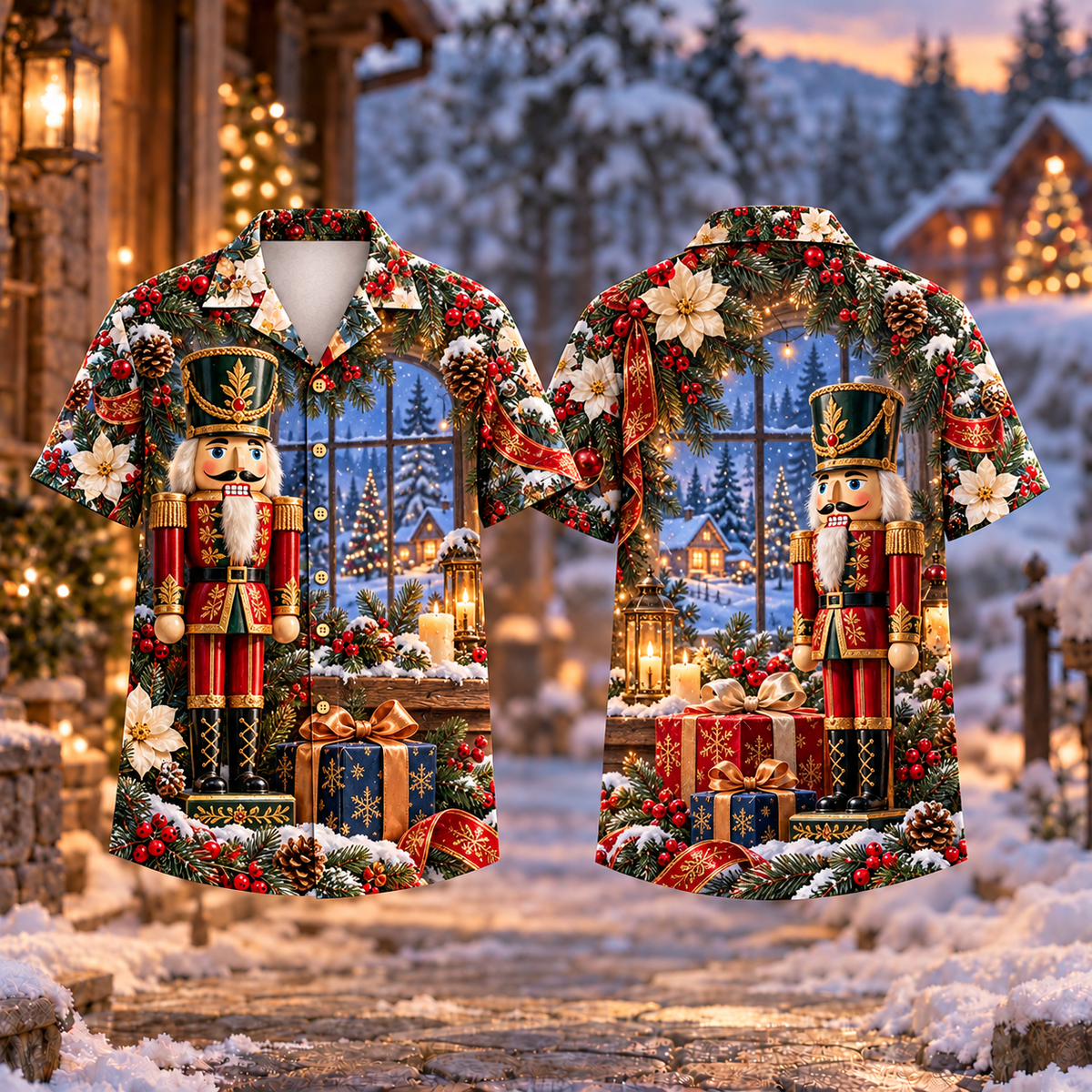 Digital mockup: front and back of one AlohaVero Christmas Nutcracker Gift Guardian Print No Pocket Hawaiian shirt