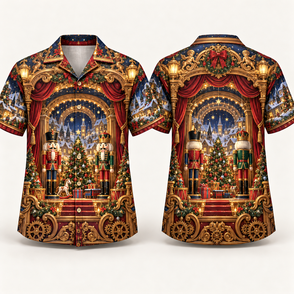 Digital mockup: front and back of one AlohaVero Christmas Nutcracker Mechanical Theater No Pocket Hawaiian shirt