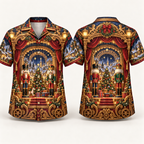 Digital mockup: front and back of one AlohaVero Christmas Nutcracker Mechanical Theater No Pocket Hawaiian shirt