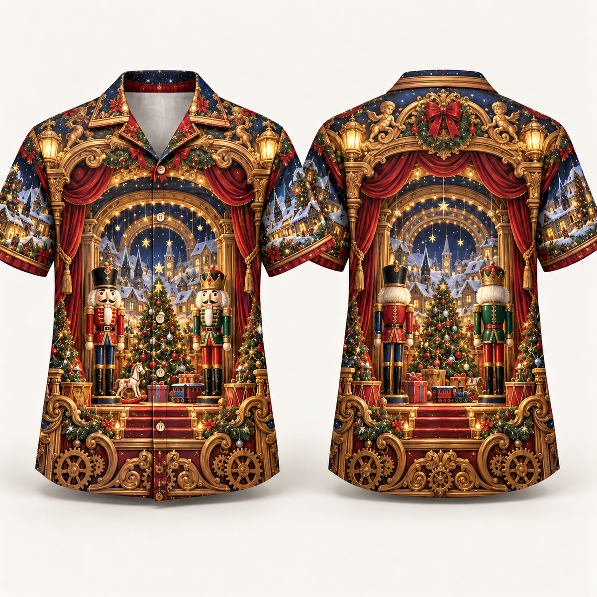 Digital mockup: front and back of one AlohaVero Christmas Nutcracker Mechanical Theater No Pocket Hawaiian shirt