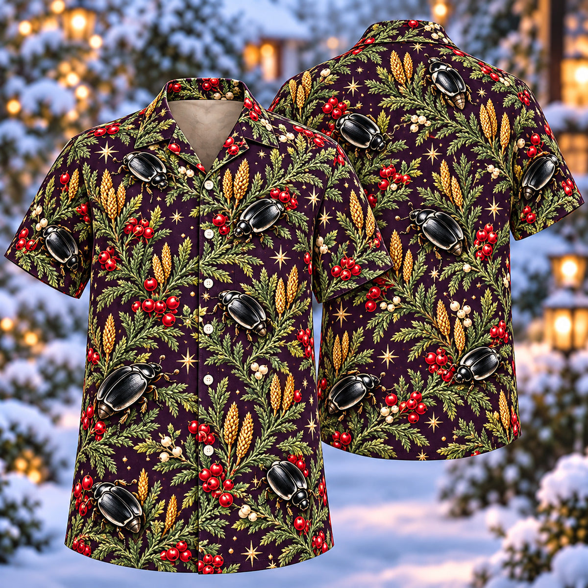 Digital mockup: front and back of one AlohaVero Christmas Obsidian Clown Beetle Clubmoss Aloha No Pocket Hawaiian shirt