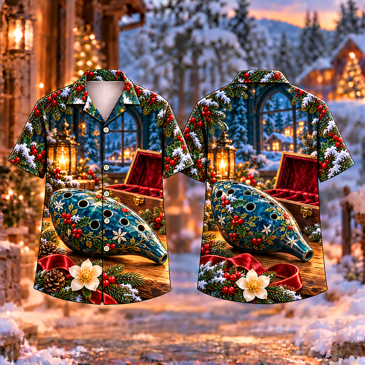 Digital mockup: front and back of one AlohaVero Christmas Ocarina Fireside Melody Print No Pocket Hawaiian shirt