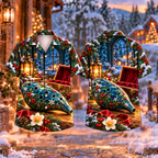 Digital mockup: front and back of one AlohaVero Christmas Ocarina Fireside Melody Print No Pocket Hawaiian shirt