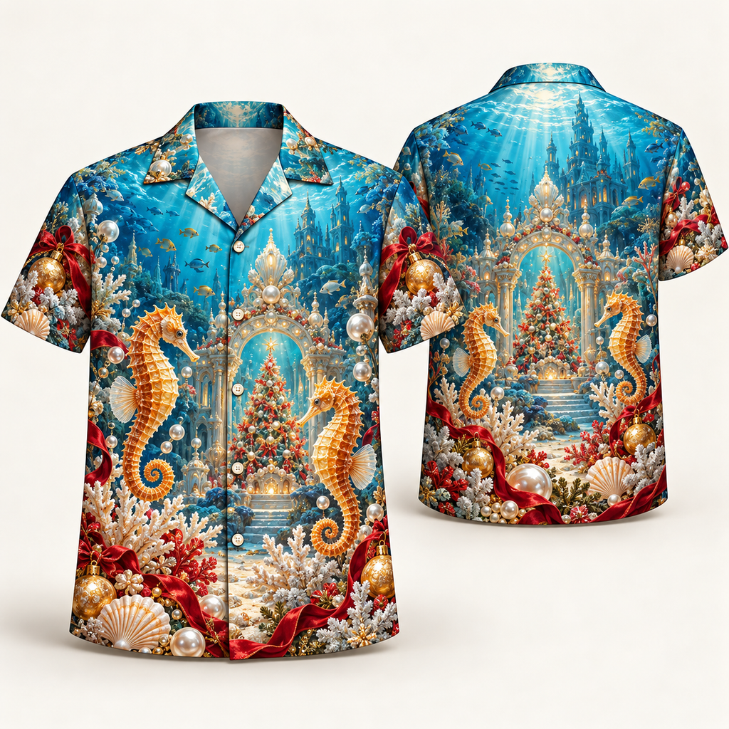 Digital mockup: front and back of one AlohaVero Christmas Ocean Pearl Seahorse Palace No Pocket Hawaiian shirt