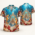 Digital mockup: front and back of one AlohaVero Christmas Ocean Pearl Seahorse Palace No Pocket Hawaiian shirt