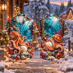 Digital mockup: front and back of one AlohaVero Christmas Octopus Tidepool Treasure Print No Pocket Hawaiian shirt