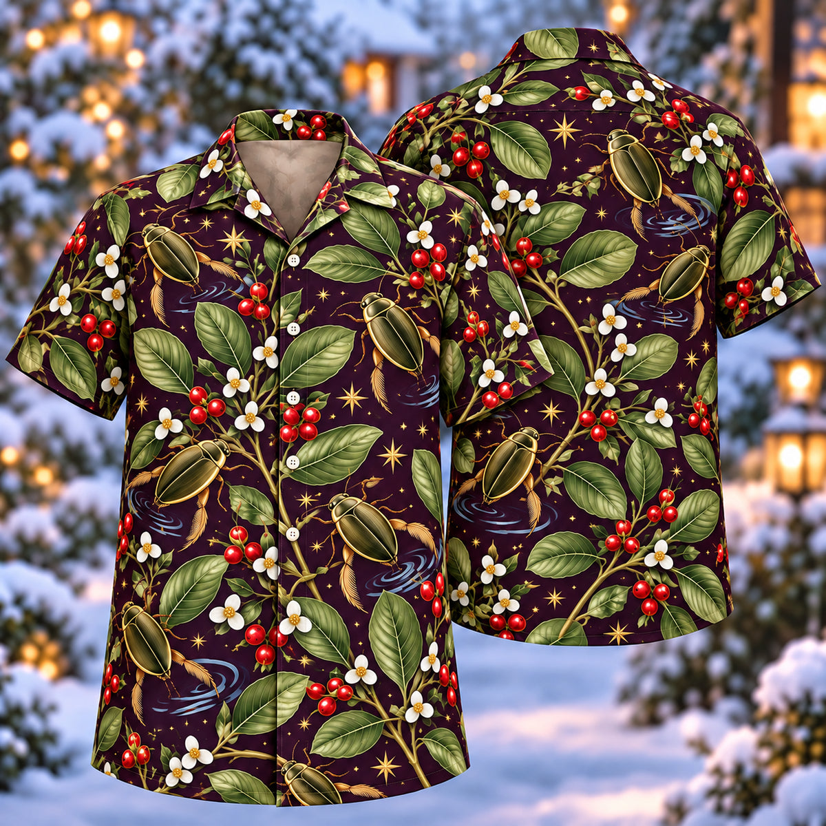 Digital mockup: front and back of one AlohaVero Christmas Olive Diving Beetle Waterplantain Aloha No Pocket Hawaiian shirt