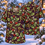 Digital mockup: front and back of one AlohaVero Christmas Olive Diving Beetle Waterplantain Aloha No Pocket Hawaiian shirt