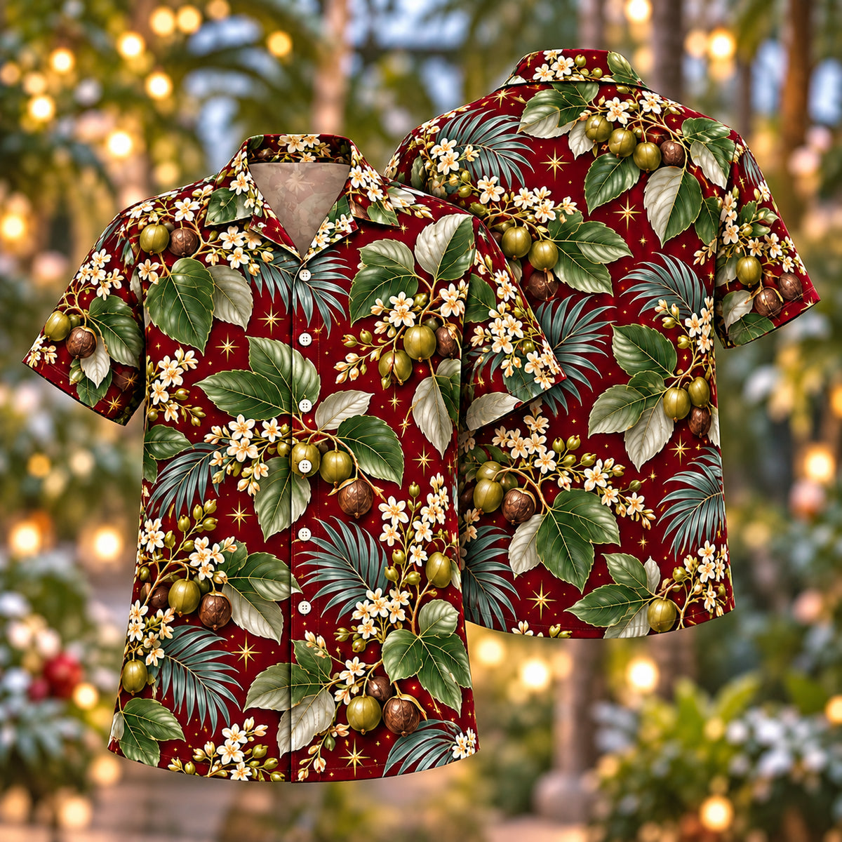 Digital mockup: front and back of one AlohaVero Christmas Olive Kukui Wine Aloha No Pocket Hawaiian shirt