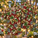 Digital mockup: front and back of one AlohaVero Christmas Olive Kukui Wine Aloha No Pocket Hawaiian shirt