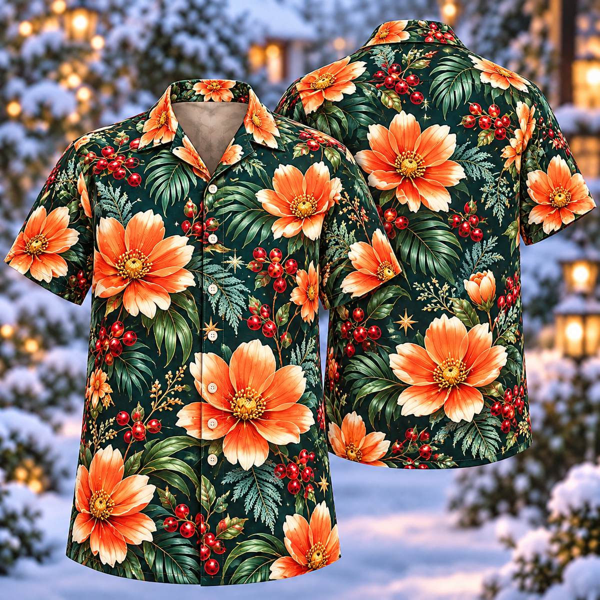 Digital mockup: front and back of one AlohaVero Christmas Orange Cosmos Petrol Aloha No Pocket Hawaiian shirt