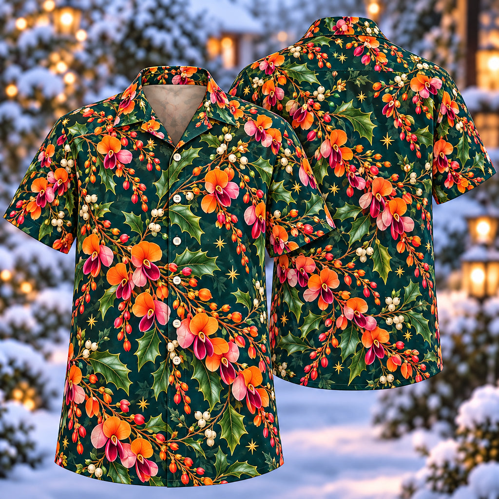 Digital mockup: front and back of one AlohaVero Christmas Orange Rose Flame Pea Teal Aloha No Pocket Hawaiian shirt