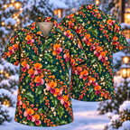 Digital mockup: front and back of one AlohaVero Christmas Orange Rose Flame Pea Teal Aloha No Pocket Hawaiian shirt