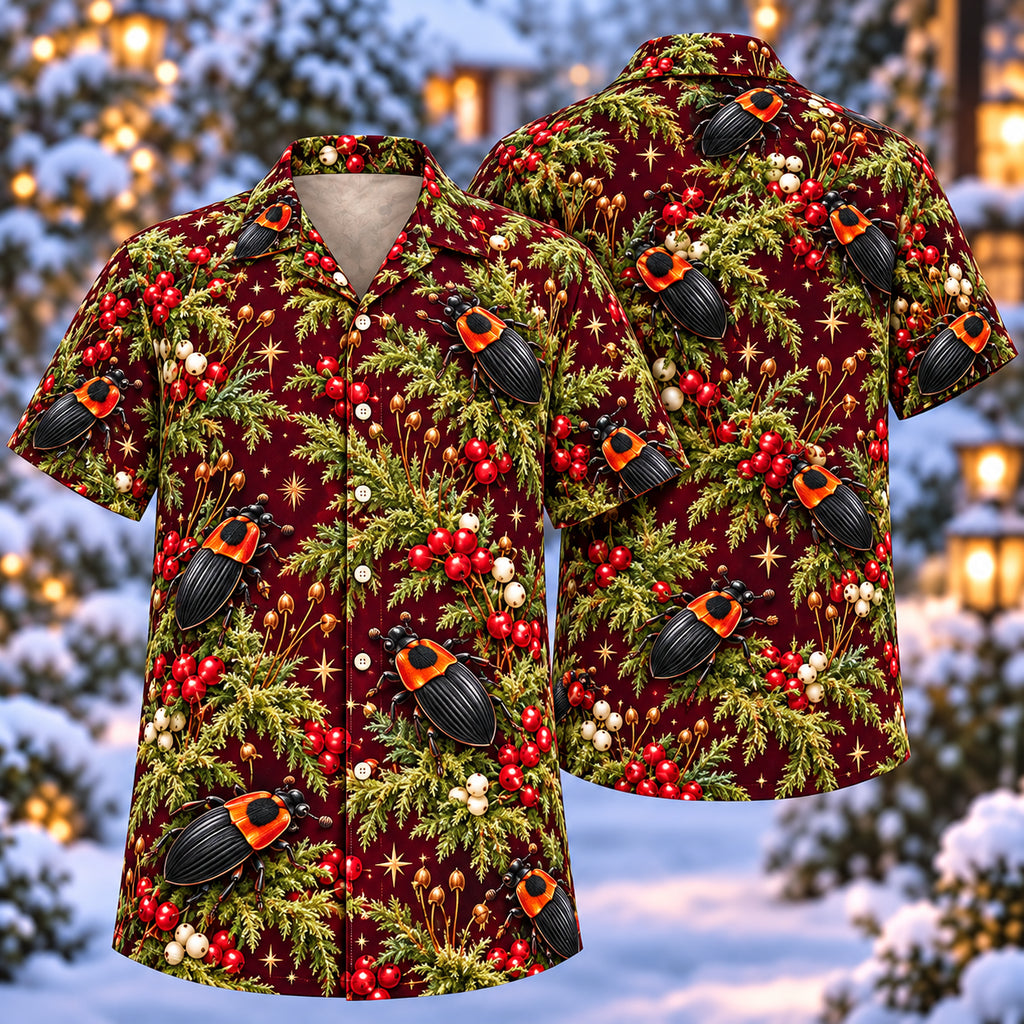 Digital mockup: front and back of one AlohaVero Christmas Orange Shoulder Carrion Beetle Moss Aloha No Pocket Hawaiian shirt