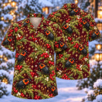 Digital mockup: front and back of one AlohaVero Christmas Orange Shoulder Carrion Beetle Moss Aloha No Pocket Hawaiian shirt