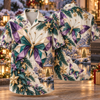 Digital mockup: front and back of one AlohaVero Christmas Origami Butterfly Amethyst Teal Star Garden No Pocket Hawaiian shirt