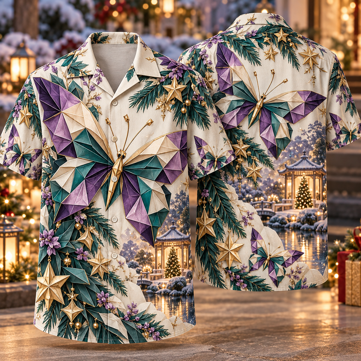 Digital mockup: front and back of one AlohaVero Christmas Origami Butterfly Amethyst Teal Star Garden No Pocket Hawaiian shirt