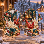 Digital mockup: front and back of one AlohaVero Christmas Origami Crane Shared Wish Print No Pocket Hawaiian shirt