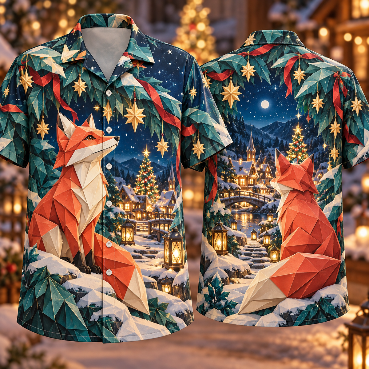 Digital mockup: front and back of one AlohaVero Christmas Origami Fox Snowy Lantern Village Ivory Coral Teal No Pocket Hawaiian shirt