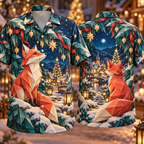 Digital mockup: front and back of one AlohaVero Christmas Origami Fox Snowy Lantern Village Ivory Coral Teal No Pocket Hawaiian shirt