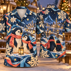 Digital mockup: front and back of one AlohaVero Christmas Origami Penguin Winter Village Sapphire Coral Cream No Pocket Hawaiian shirt