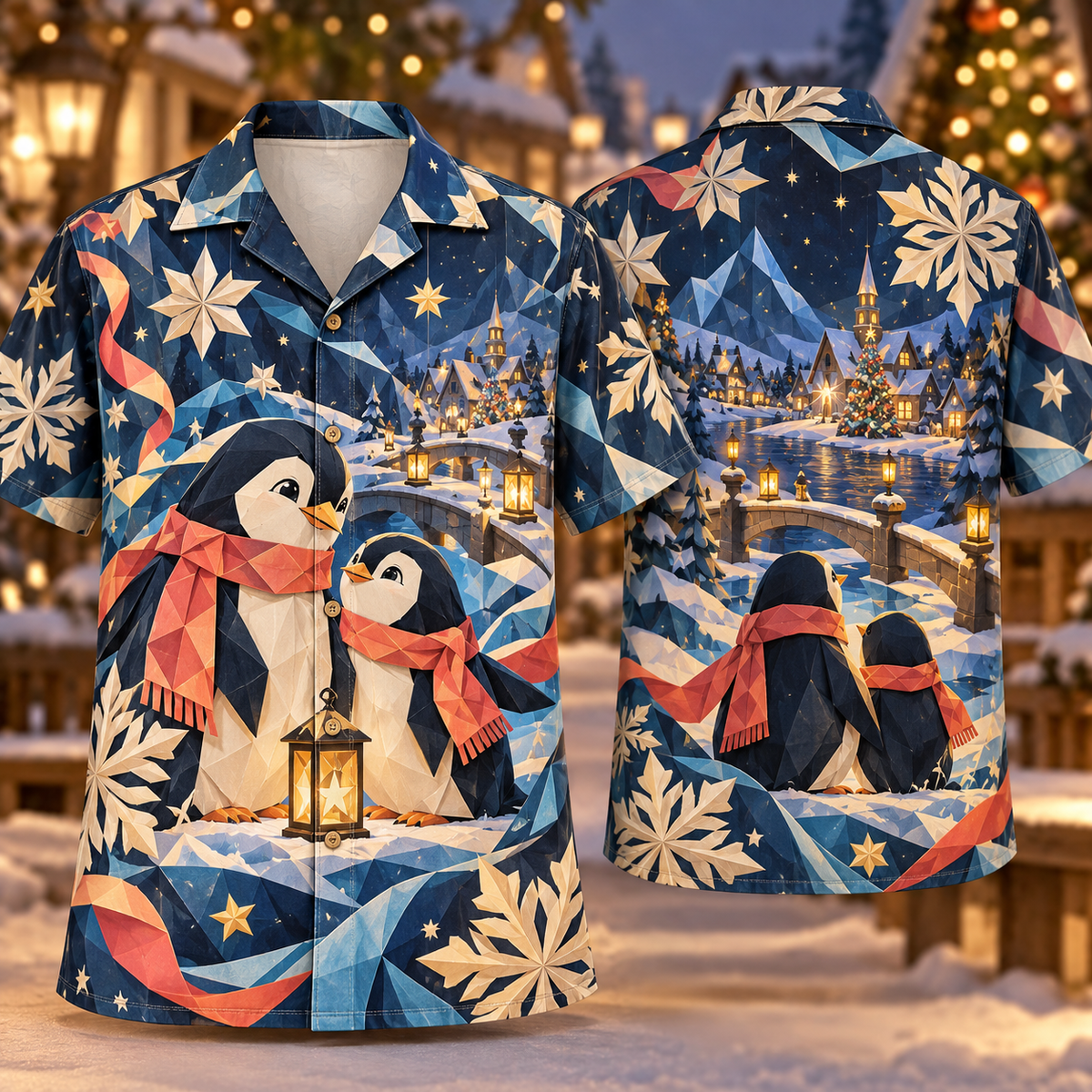Digital mockup: front and back of one AlohaVero Christmas Origami Penguin Winter Village Sapphire Coral Cream No Pocket Hawaiian shirt