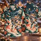 Digital mockup: front and back of one AlohaVero Christmas Origami Rabbit Lantern Forest Jade Coral Cream No Pocket Hawaiian shirt