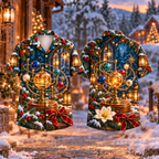 Digital mockup: front and back of one AlohaVero Christmas Orrery Star Wishes Print No Pocket Hawaiian shirt