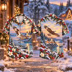 Digital mockup: front and back of one AlohaVero Christmas Osprey Homeward Flight Print No Pocket Hawaiian shirt