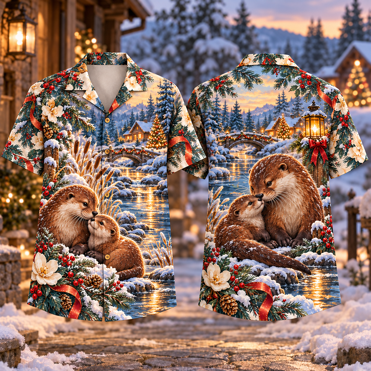 Digital mockup: front and back of one AlohaVero Christmas Otter Family Lantern River Chestnut Teal Ivory No Pocket Hawaiian shirt