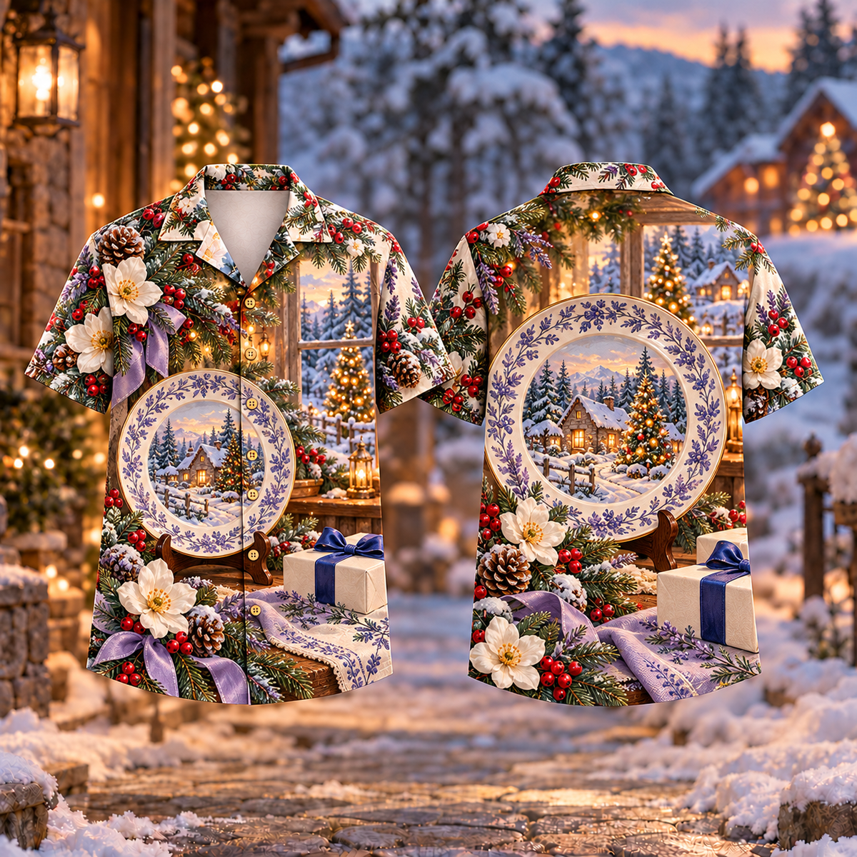 Digital mockup: front and back of one AlohaVero Christmas Painted Plate Keepsake Print Cobalt Lavender No Pocket Hawaiian shirt
