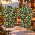 Digital mockup: front and back of one AlohaVero Christmas Papaya Leaf Jade Aloha No Pocket Hawaiian shirt