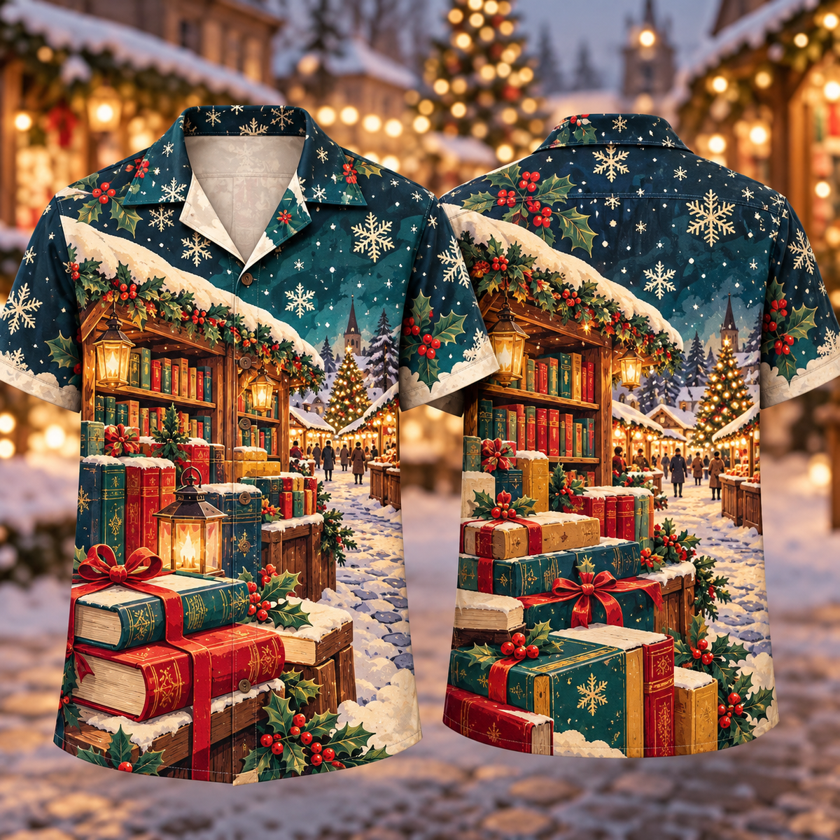 Digital mockup: front and back of one AlohaVero Christmas Paper Cut Bookstall Snowy Market Teal Ruby Mustard No Pocket Hawaiian shirt