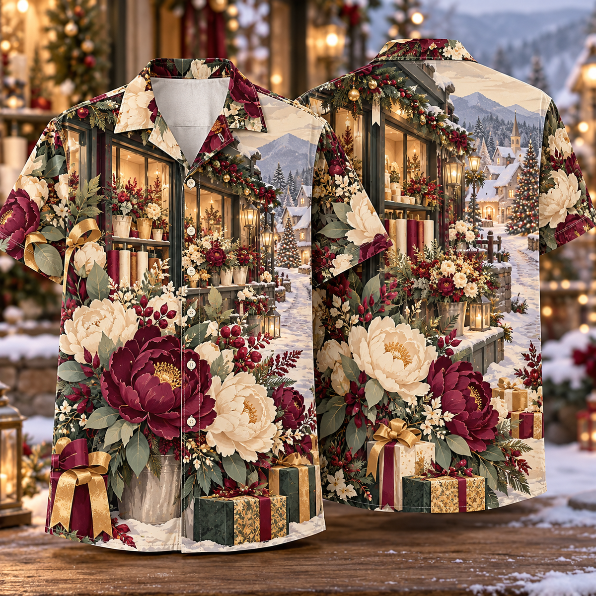 Digital mockup: front and back of one AlohaVero Christmas Paper Cut Flower Shop Plum Sage Cream No Pocket Hawaiian shirt