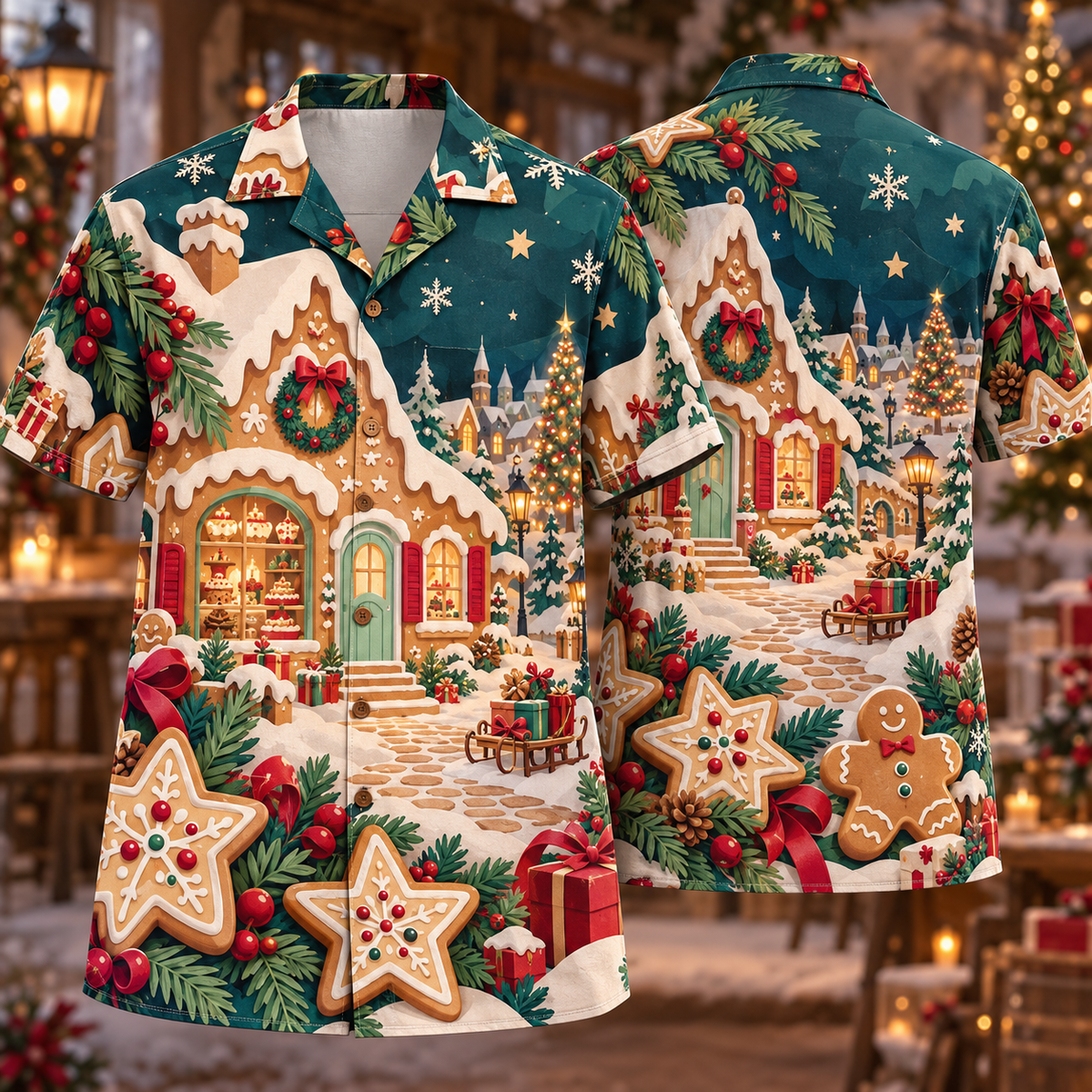 Digital mockup: front and back of one AlohaVero Christmas Paper Cut Gingerbread Bakery Mint Cranberry Honey No Pocket Hawaiian shirt