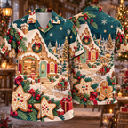 Digital mockup: front and back of one AlohaVero Christmas Paper Cut Gingerbread Bakery Mint Cranberry Honey No Pocket Hawaiian shirt