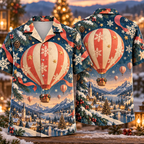 Digital mockup: front and back of one AlohaVero Christmas Paper Cut Hot Air Balloon Village Coral Sapphire Cream No Pocket Hawaiian shirt