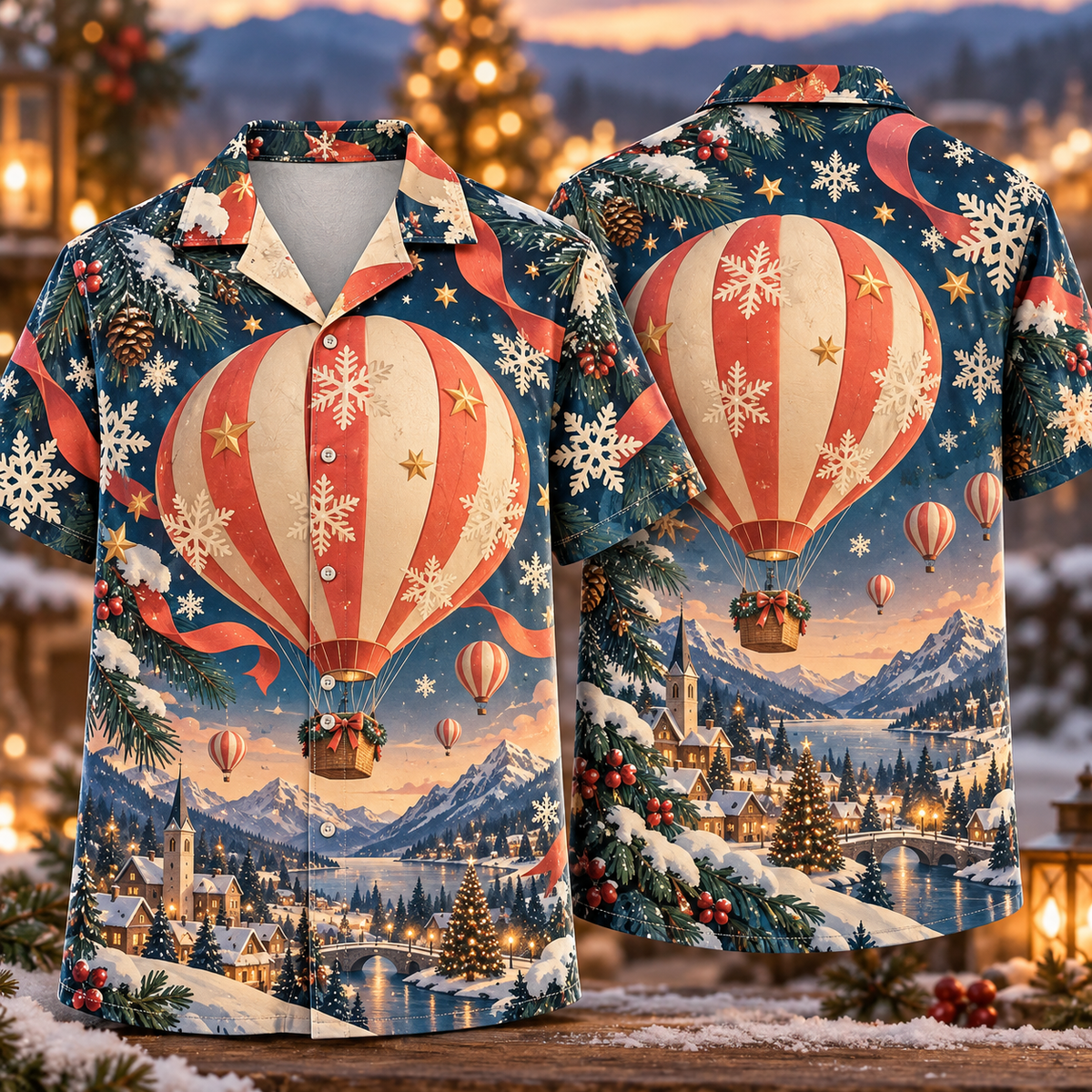 Digital mockup: front and back of one AlohaVero Christmas Paper Cut Hot Air Balloon Village Coral Sapphire Cream No Pocket Hawaiian shirt