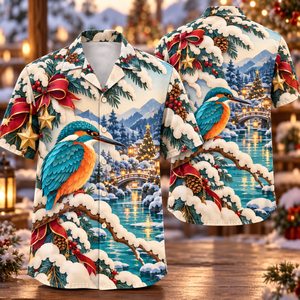 Christmas Paper Cut Illusion Kingfisher Snowy River Turquoise Ivory Persimmon Hawaiian Shirt