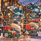 Digital mockup: front and back of one AlohaVero Christmas Paper Cut Mountain Station Coral Teal Cream No Pocket Hawaiian shirt