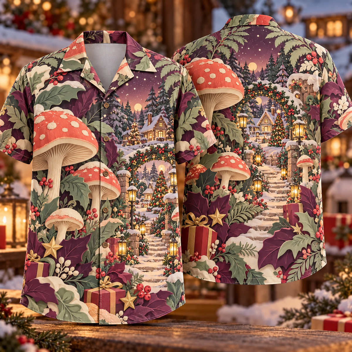 Digital mockup: front and back of one AlohaVero Christmas Paper Cut Mushroom Lantern Garden Plum Sage Coral No Pocket Hawaiian shirt