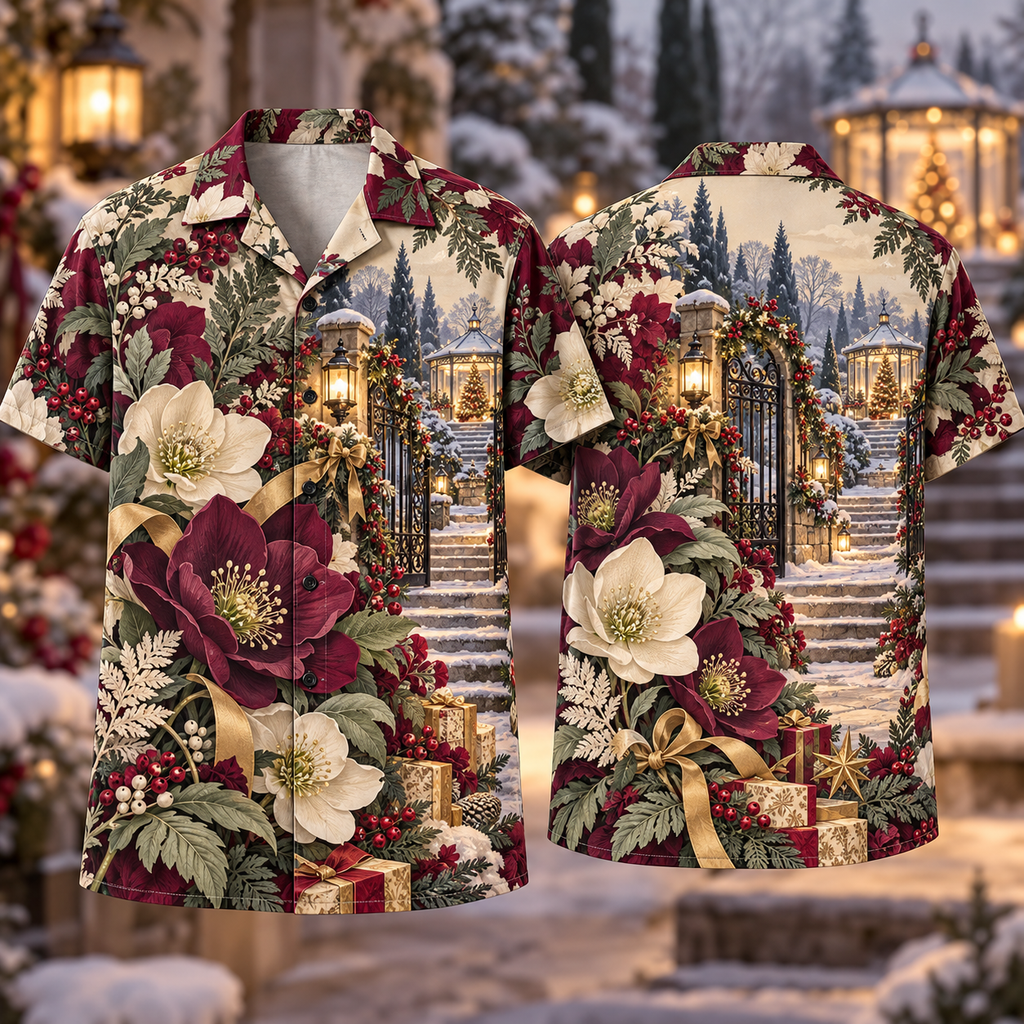 Digital mockup: front and back of one AlohaVero Christmas Paper Cut Winter Garden Gate Plum Sage Cream No Pocket Hawaiian shirt