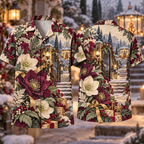 Digital mockup: front and back of one AlohaVero Christmas Paper Cut Winter Garden Gate Plum Sage Cream No Pocket Hawaiian shirt